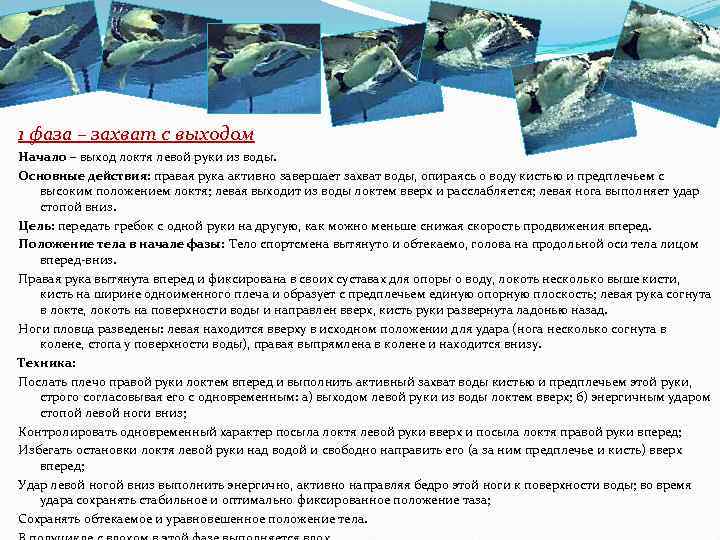 1 фаза – захват с выходом Начало – выход локтя левой руки из воды.
