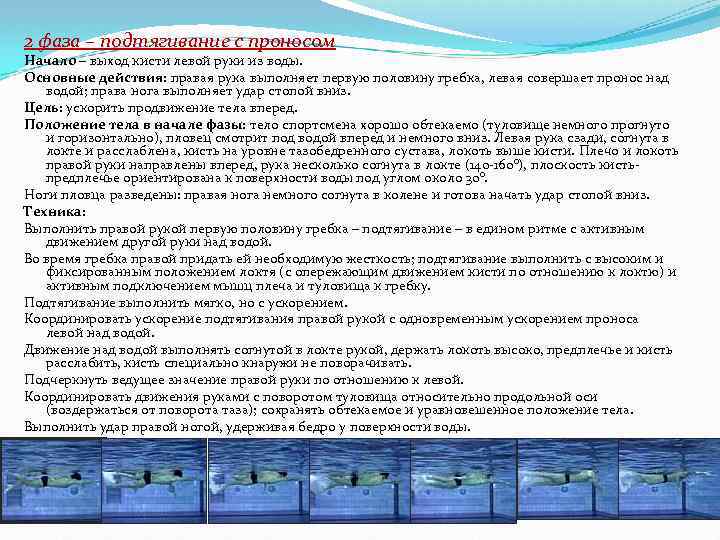 2 фаза – подтягивание с проносом Начало – выход кисти левой руки из воды.