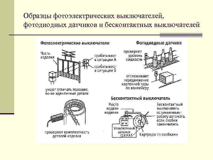 Образцы фотоэлектрических выключателей, фотодиодных датчиков и бесконтактных выключателей 