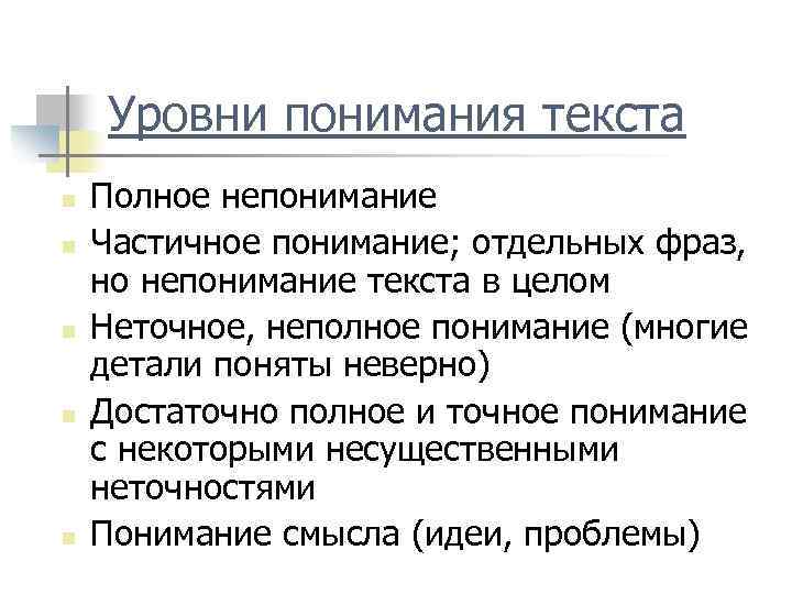 Понять отдельный. Причины непонимания текста. Уровни понимания текста. Уровни восприятия текста. Уровни осмысления текста.