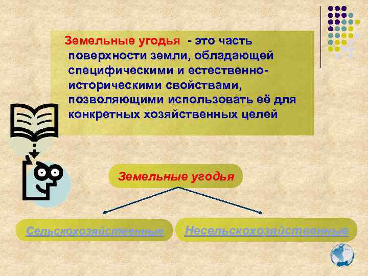 Земельные угодья - это часть поверхности земли, обладающей специфическими и естественноисторическими свойствами, позволяющими использовать