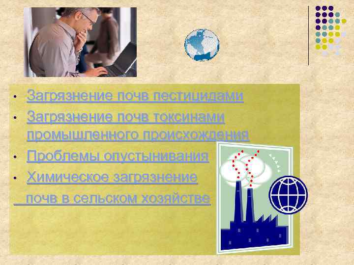 • • Загрязнение почв пестицидами Загрязнение почв токсинами промышленного происхождения Проблемы опустынивания Химическое