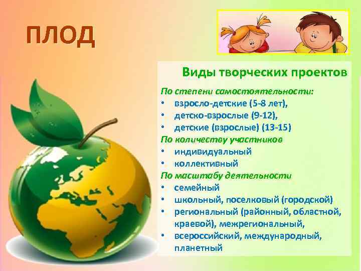 ПЛОД Виды творческих проектов По степени самостоятельности: • взросло-детские (5 -8 лет), • детско-взрослые