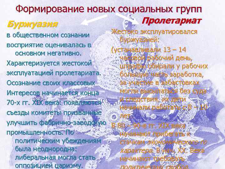 Формирование новых социальных групп Буржуазия Пролетариат Жестоко эксплуатировался в общественном сознании буржуазией: восприятие оценивалась