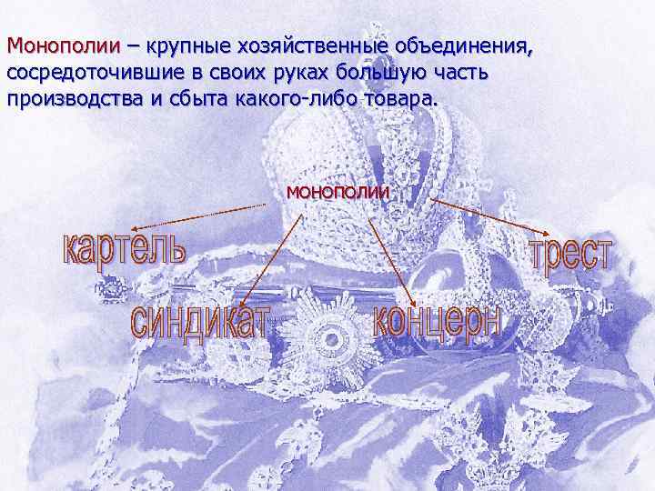 Монополии – крупные хозяйственные объединения, сосредоточившие в своих руках большую часть производства и сбыта