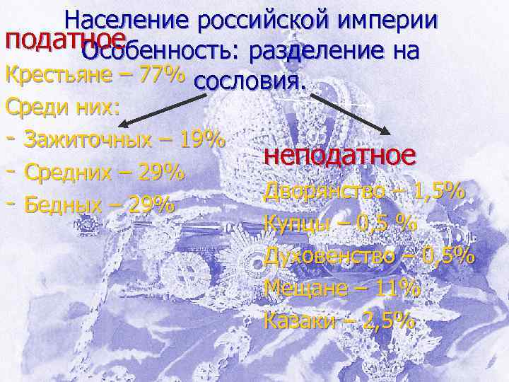 Население российской империи податное Особенность: разделение на Крестьяне – 77% сословия. Среди них: -