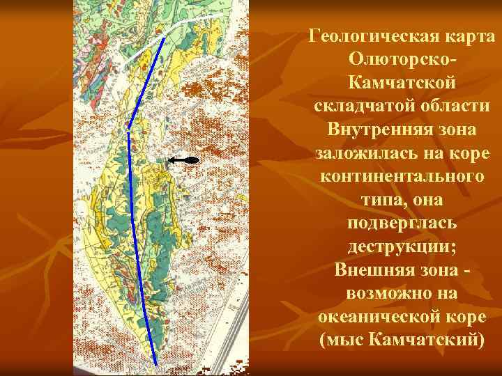 Геологическая карта Олюторско. Камчатской складчатой области Внутренняя зона заложилась на коре континентального типа, она