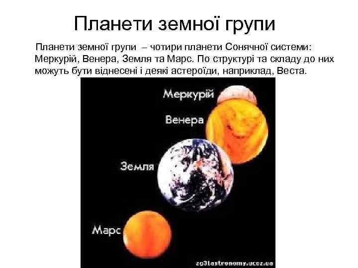 Планети земної групи – чотири планети Сонячної системи: Меркурій, Венера, Земля та Марс. По