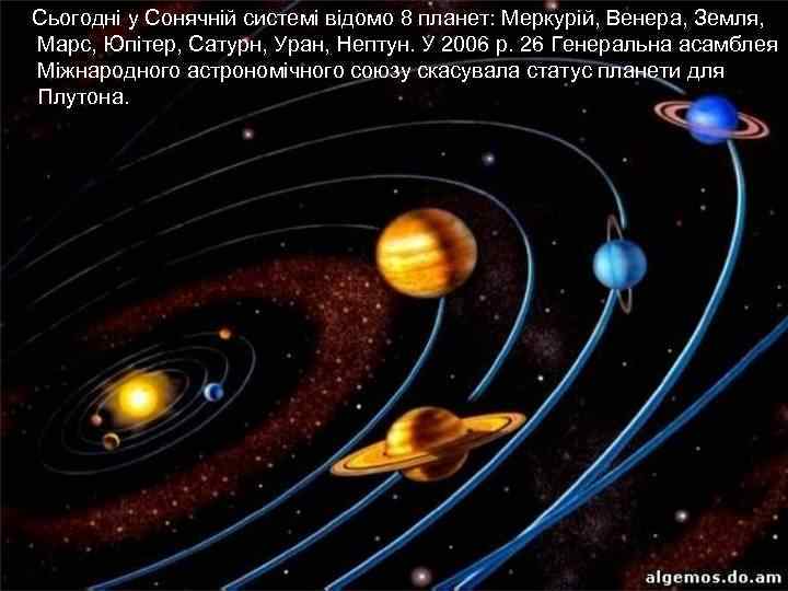 Сьогодні у Сонячній системі відомо 8 планет: Меркурій, Венера, Земля, Марс, Юпітер, Сатурн, Уран,