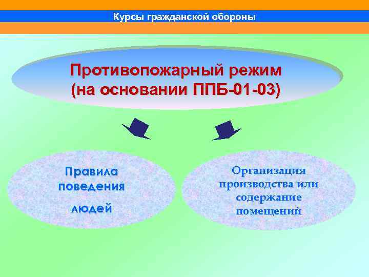 Курсы гражданской обороны Противопожарный режим (на основании ППБ-01 -03) Правила поведения людей Организация производства