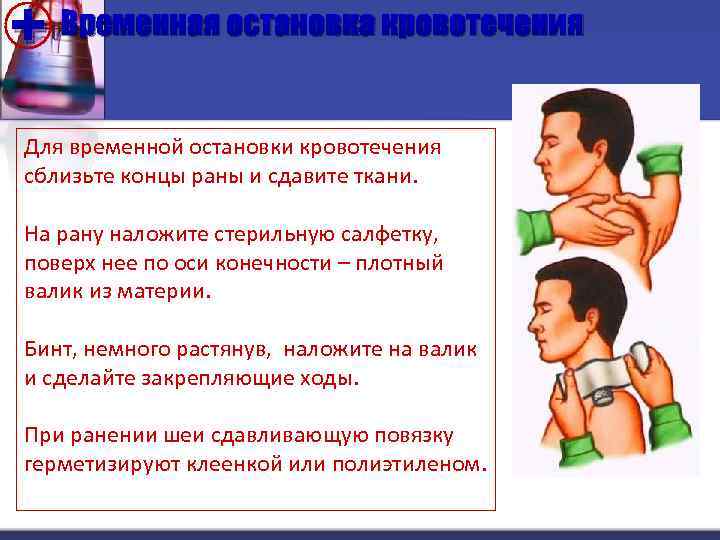 + Временная остановка кровотечения Для временной остановки кровотечения сблизьте концы раны и сдавите ткани.