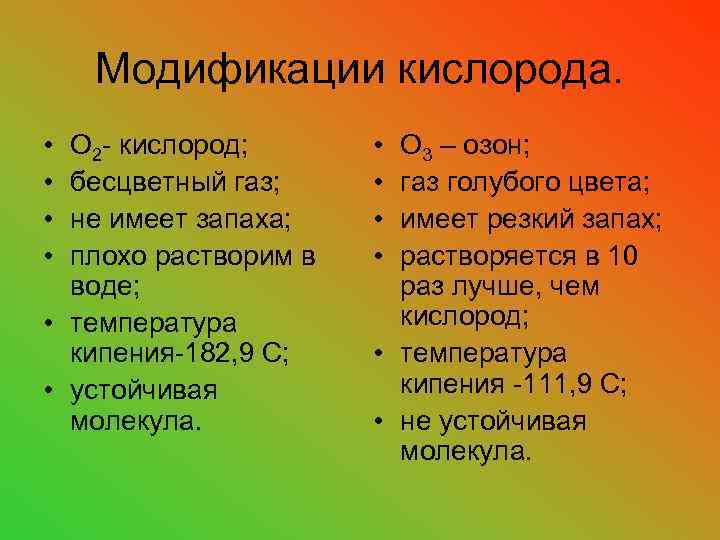 Модификации кислорода. • • О 2 - кислород; бесцветный газ; не имеет запаха; плохо