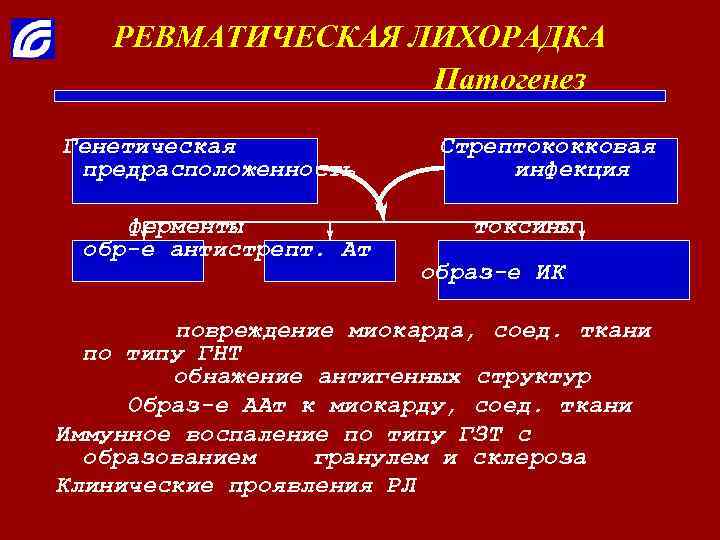 РЕВМАТИЧЕСКАЯ ЛИХОРАДКА Патогенез Генетическая предрасположенность ферменты обр-е антистрепт. Ат Стрептококковая инфекция токсины образ-е ИК