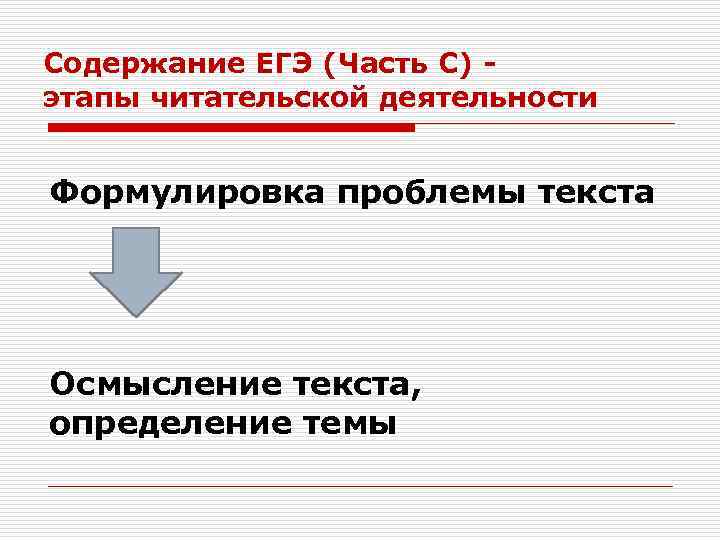 Содержание ЕГЭ (Часть С) этапы читательской деятельности Формулировка проблемы текста Осмысление текста, определение темы