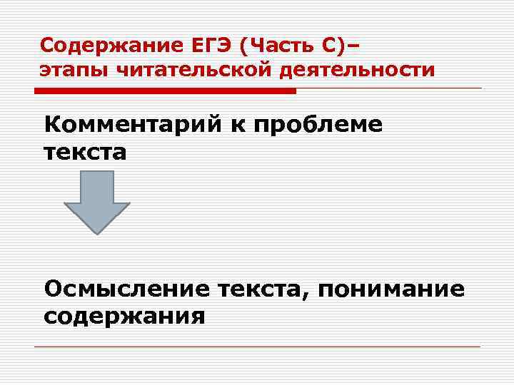 Содержание ЕГЭ (Часть С)– этапы читательской деятельности Комментарий к проблеме текста Осмысление текста, понимание