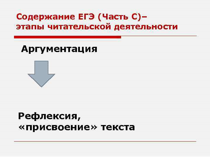 Содержание ЕГЭ (Часть С)– этапы читательской деятельности Аргументация Рефлексия, «присвоение» текста 