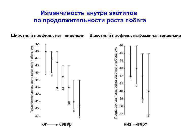 Изменчивость внутри экотипов по продолжительности роста побега Широтный профиль: нет тенденции юг север Высотный