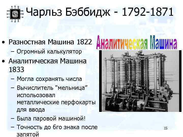 Чарльз Бэббидж - 1792 -1871 • Разностная Машина 1822 – Огромный калькулятор • Аналитическая