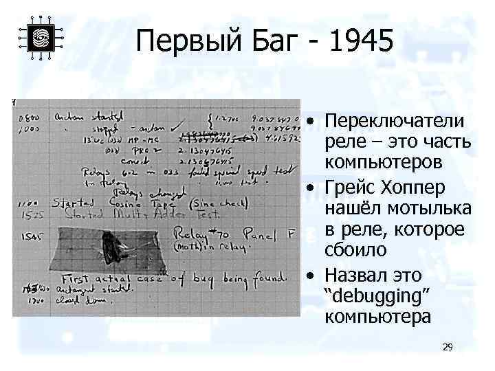 Первый Баг - 1945 • Переключатели реле – это часть компьютеров • Грейс Хоппер