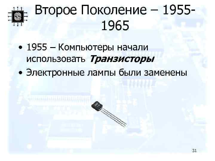 Второе Поколение – 19551965 • 1955 – Компьютеры начали использовать Транзисторы • Электронные лампы