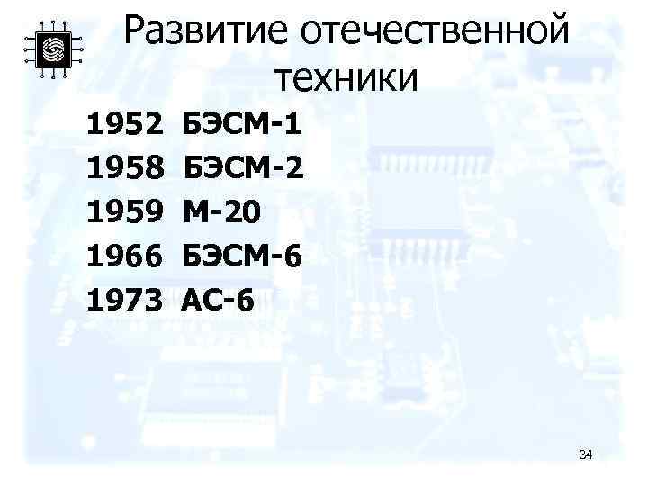 Развитие отечественной техники 1952 1958 1959 1966 1973 БЭСМ-1 БЭСМ-2 М-20 БЭСМ-6 АС-6 34