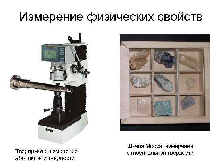 Измерение физических свойств Твердрметр, измерение абсолютной твердости Шкала Мооса, измерение относительной твердости 