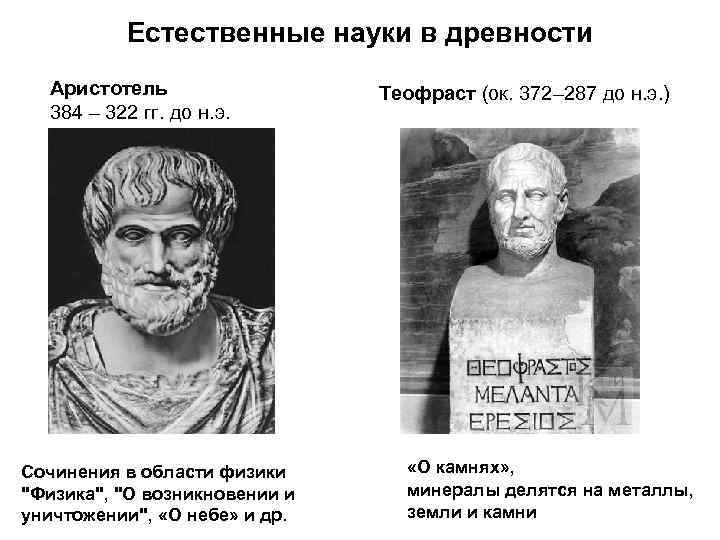 Естественные науки в древности Аристотель 384 – 322 гг. до н. э. Сочинения в