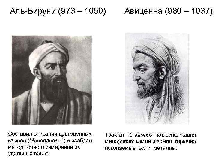 Аль-Бируни (973 – 1050) Составил описания драгоценных камней (Минералогия) и изобрел метод точного измерения