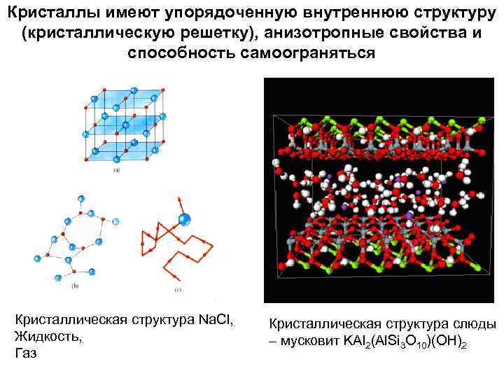 Кристаллы имеют упорядоченную внутреннюю структуру (кристаллическую решетку), анизотропные свойства и способность самоограняться Кристаллическая структура