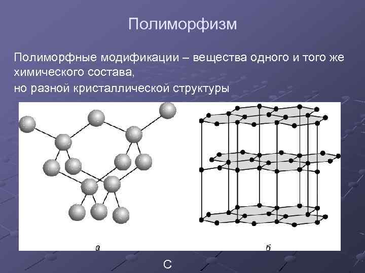 Полиморфизм Полиморфные модификации – вещества одного и того же химического состава, но разной кристаллической