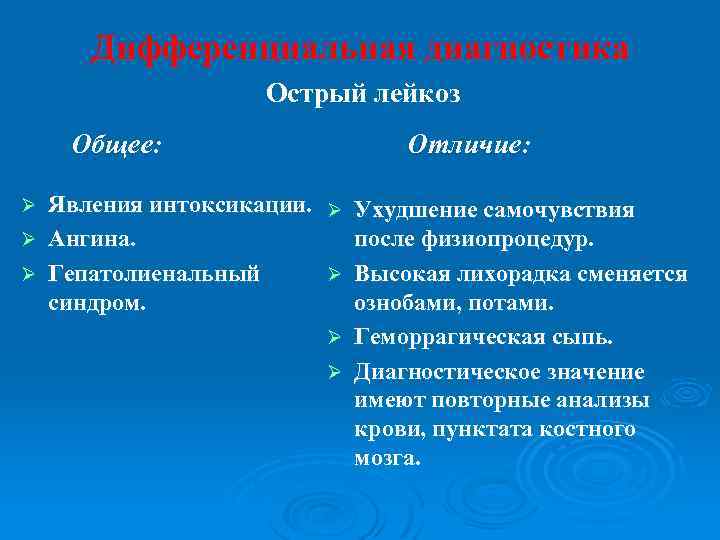 Дифференциальная диагностика Острый лейкоз Общее: Отличие: Явления интоксикации. Ø Ухудшение самочувствия после физиопроцедур. Ø