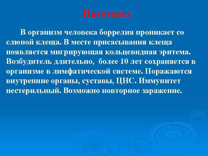 Патогенез В организм человека боррелия проникает со слюной клеща. В месте присасывания клеща появляется