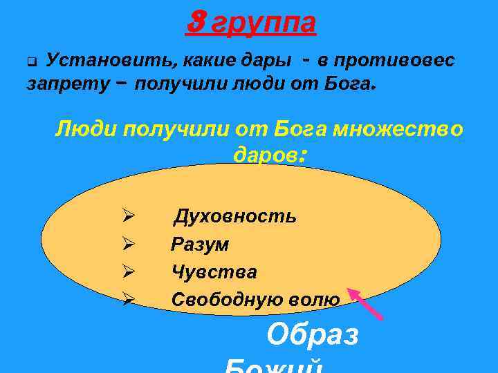 3 группа Установить, какие дары - в противовес запрету – получили люди от Бога.