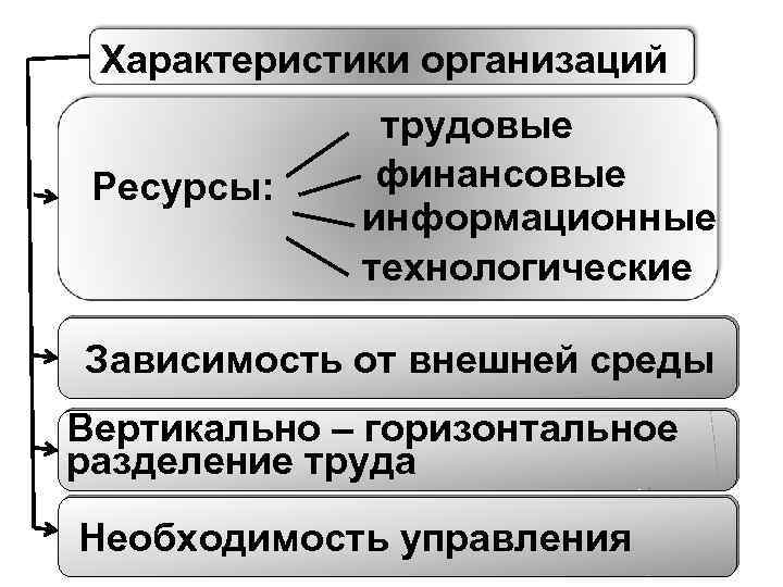 Характеристики организаций Ресурсы: трудовые финансовые информационные технологические Зависимость от внешней среды Вертикально – горизонтальное