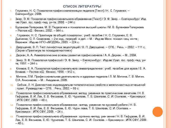  СПИСОК ЛИТЕРАТУРЫ 1. Глуханюк, Н. С. Психология профессионализации педагога [Текст] / Н. С.