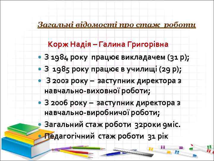 Загальні відомості про стаж роботи Корж Надія – Галина Григорівна З 1984 року працює