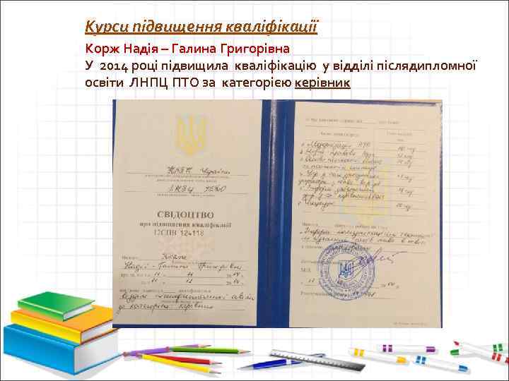 Курси підвищення кваліфікації Корж Надія – Галина Григорівна У 2014 році підвищила кваліфікацію у