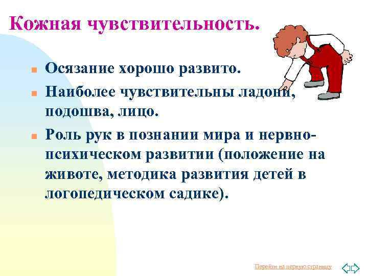 Кожная чувствительность. n n n Осязание хорошо развито. Наиболее чувствительны ладони, подошва, лицо. Роль