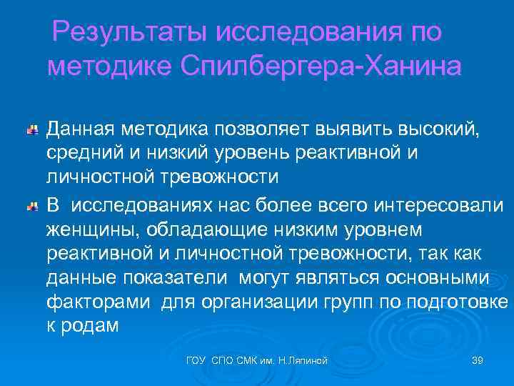 Результаты исследования по методике Спилбергера-Ханина Данная методика позволяет выявить высокий, средний и низкий уровень