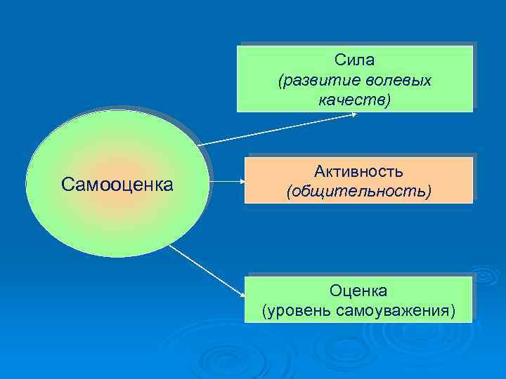 Сила (развитие волевых качеств) Самооценка Активность (общительность) Оценка (уровень самоуважения) 