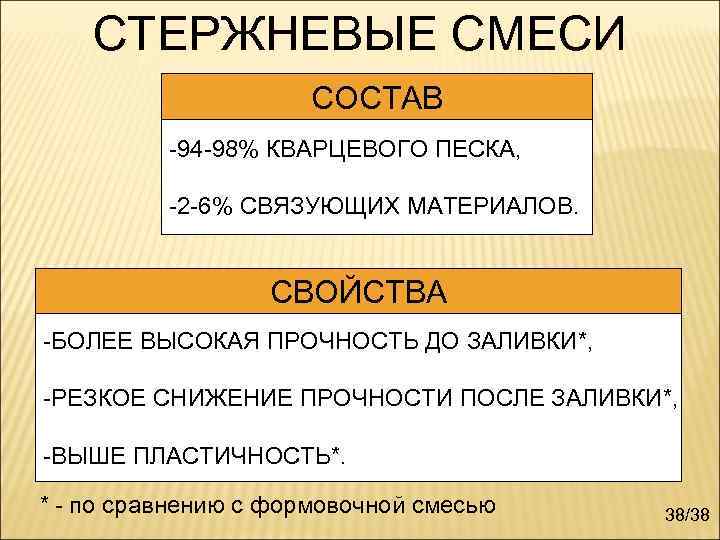 СТЕРЖНЕВЫЕ СМЕСИ СОСТАВ -94 -98% КВАРЦЕВОГО ПЕСКА, -2 -6% СВЯЗУЮЩИХ МАТЕРИАЛОВ. СВОЙСТВА -БОЛЕЕ ВЫСОКАЯ