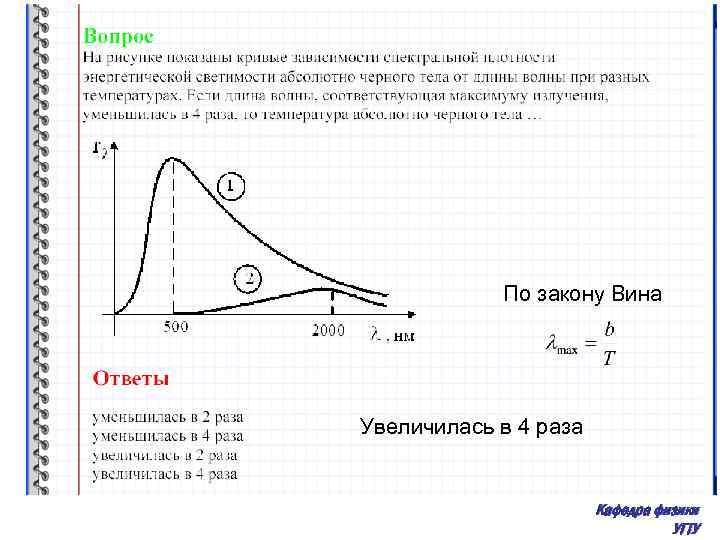 По закону Вина Увеличилась в 4 раза Кафедра физики УГТУ 
