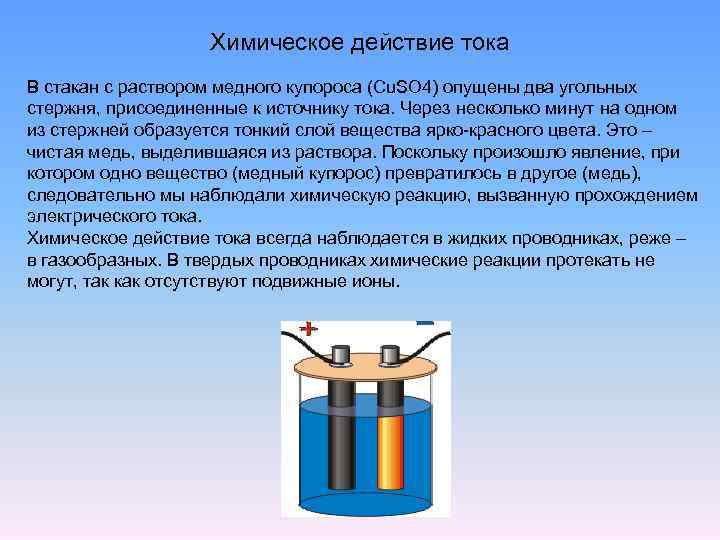 Химическое действие тока В стакан с раствором медного купороса (Cu. SO 4) опущены два