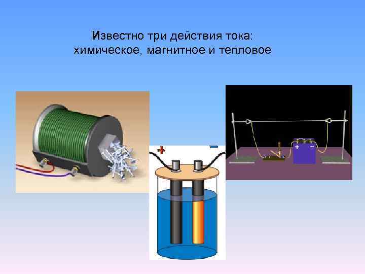 Известно три действия тока: химическое, магнитное и тепловое 