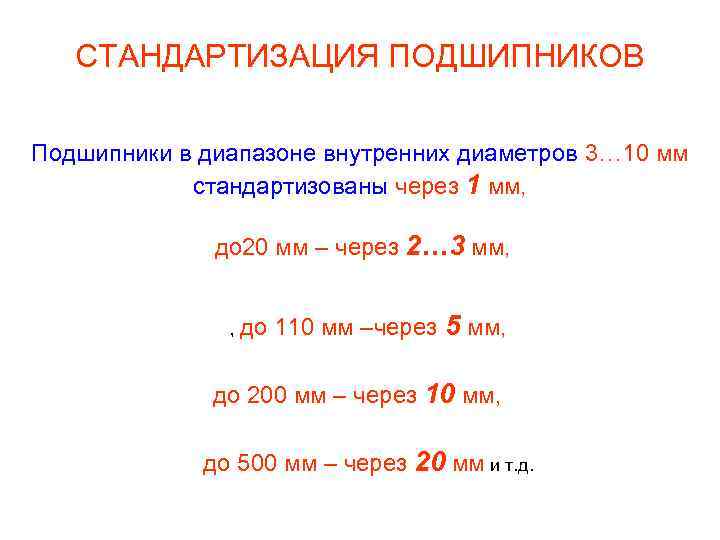 СТАНДАРТИЗАЦИЯ ПОДШИПНИКОВ Подшипники в диапазоне внутренних диаметров 3… 10 мм стандартизованы через 1 мм,
