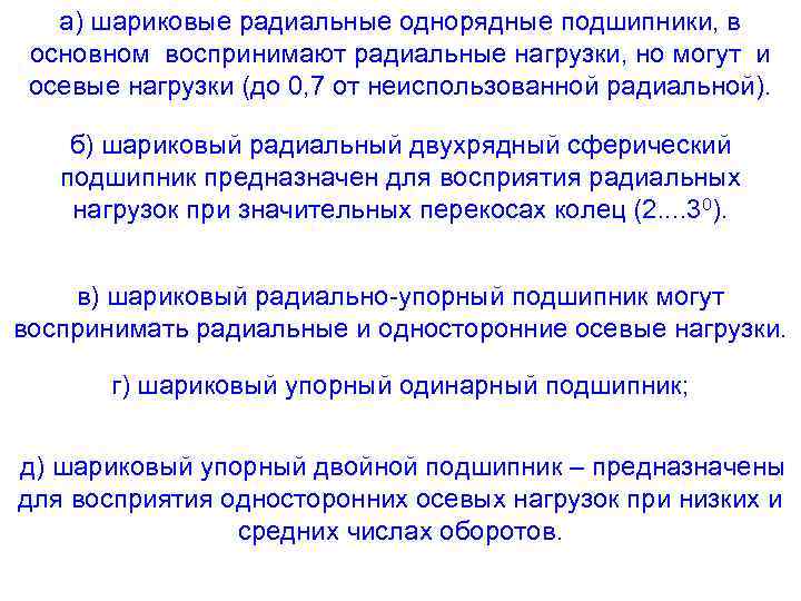 а) шариковые радиальные однорядные подшипники, в основном воспринимают радиальные нагрузки, но могут и осевые
