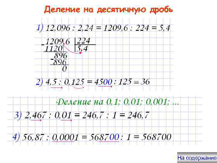 Деление на десятичную дробь На содержание 