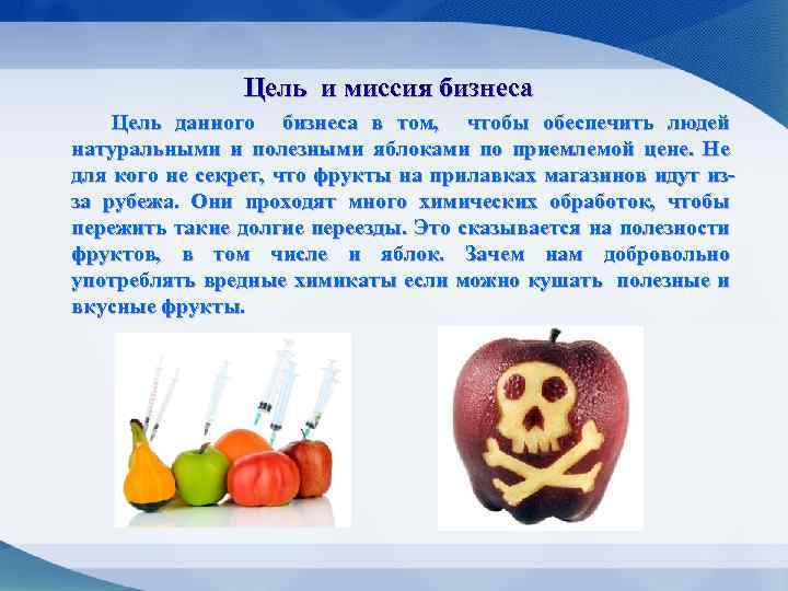 Цель и миссия бизнеса Цель данного бизнеса в том, чтобы обеспечить людей натуральными и