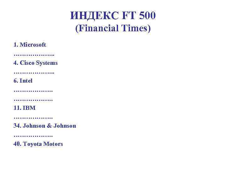 ИНДЕКС FT 500 (Financial Times) 1. Microsoft ………………. . 4. Cisco Systems ………………. .