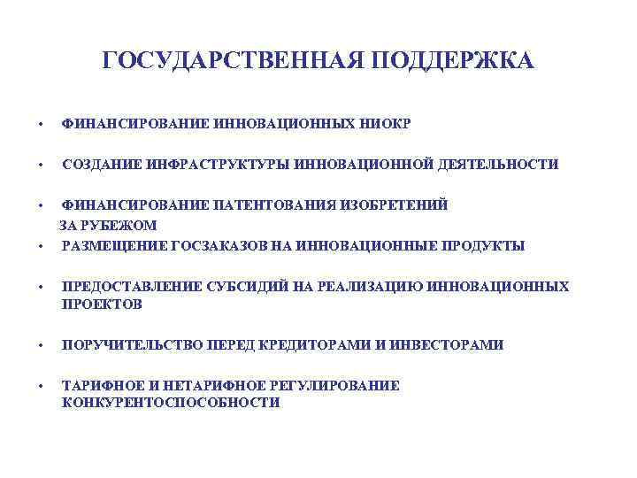 ГОСУДАРСТВЕННАЯ ПОДДЕРЖКА • ФИНАНСИРОВАНИЕ ИННОВАЦИОННЫХ НИОКР • СОЗДАНИЕ ИНФРАСТРУКТУРЫ ИННОВАЦИОННОЙ ДЕЯТЕЛЬНОСТИ • ФИНАНСИРОВАНИЕ ПАТЕНТОВАНИЯ